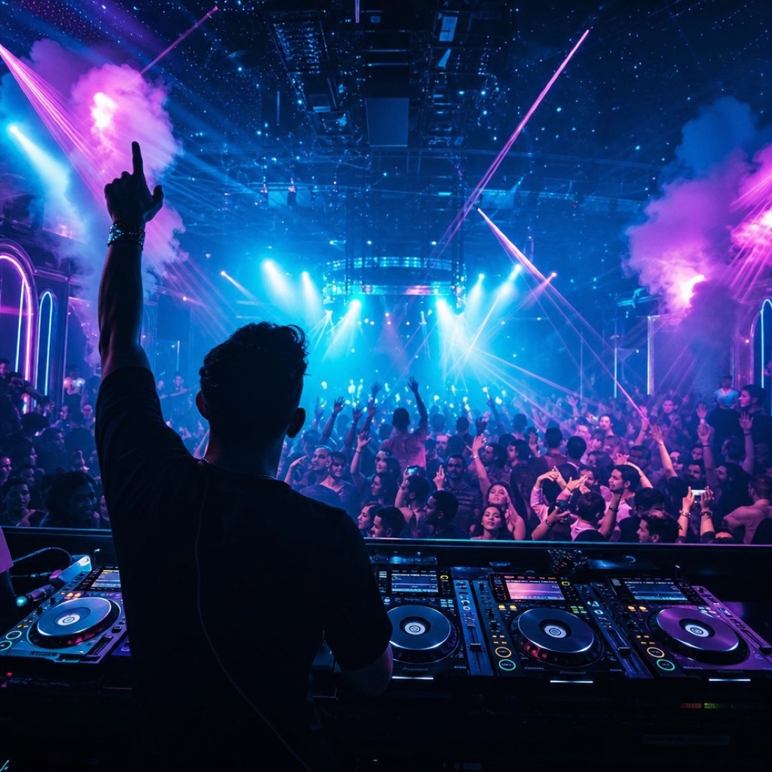 DJ performing behind glowing decks while the crowd dances at New Ice