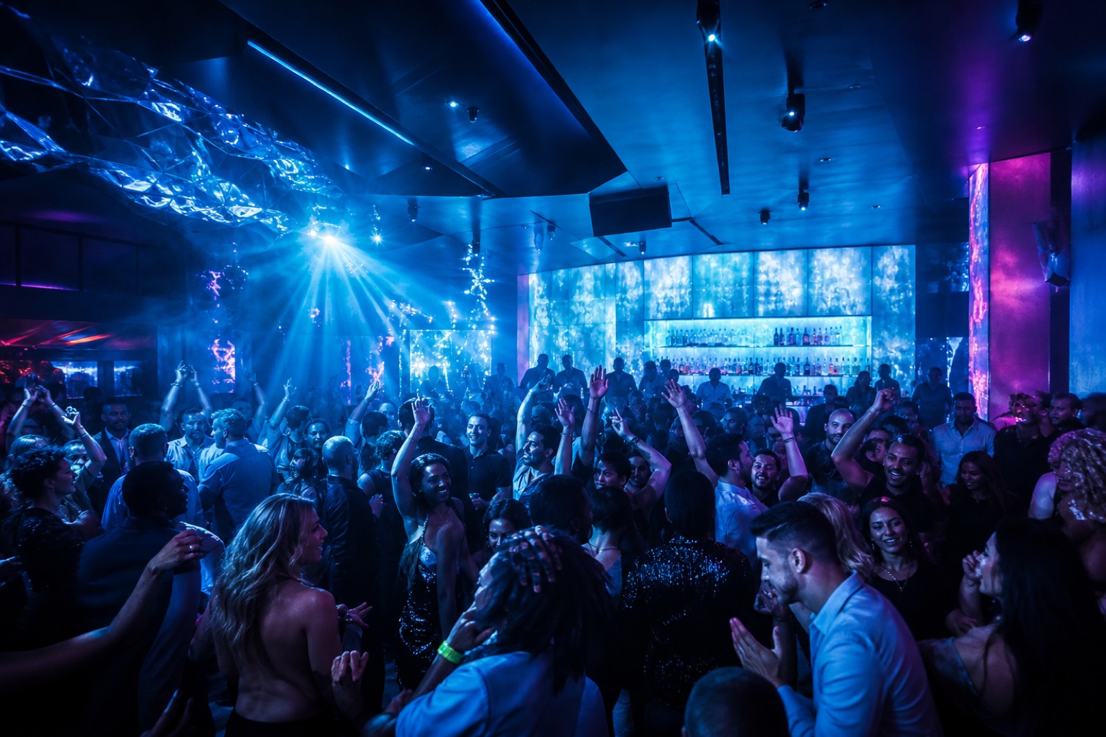 Crowd dancing under ice-blue neon lights on the dance floor at Club New Ice in Houston