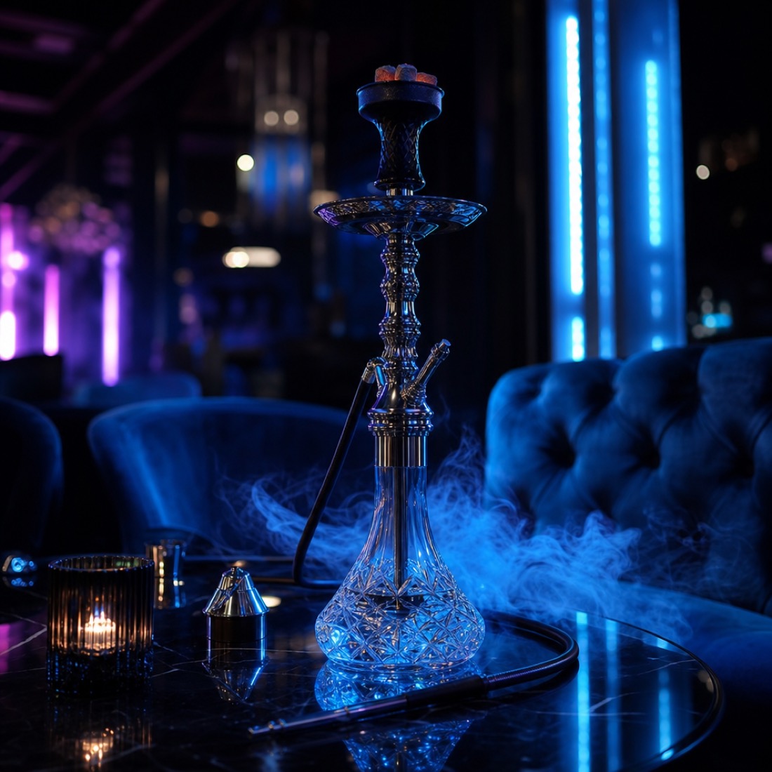 Premium hookah glowing on a lounge table at New Ice